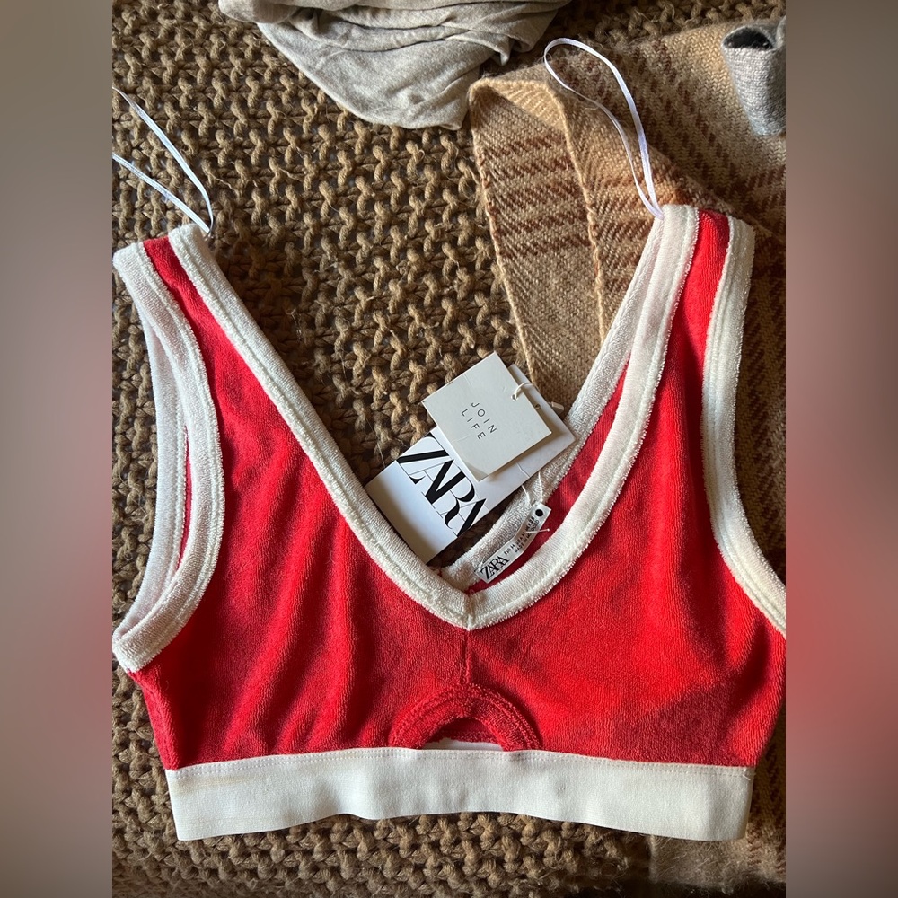 NWT Zara terry peek a boo Red and White bra top